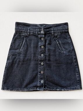Pilcro Anthropologie Black Denim Mini Skirt Distressed Button Front 12